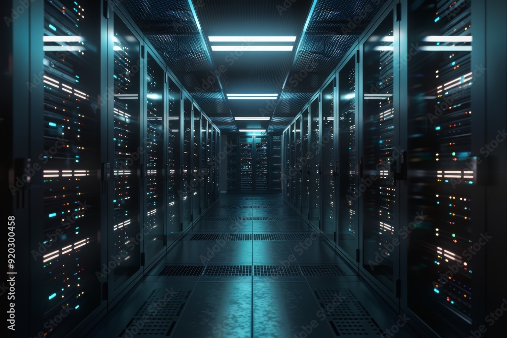 Poster a cuttingedge, modern data center showcasing stylish illuminated server racks along with a hightech 