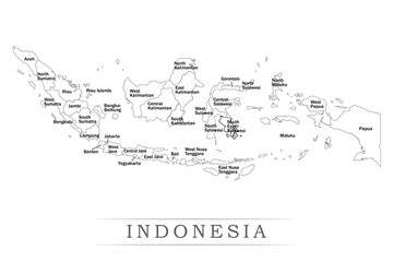 Administrative regions of INDONESIA. Province, state, division name with white map with black outline. Vector illustration	