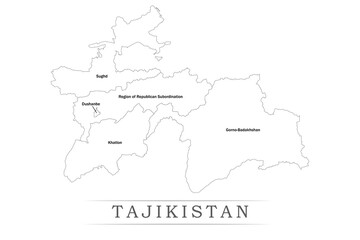 Administrative regions of TAJIKISTAN. Province, state, division name with white map with black outline. Vector illustration	