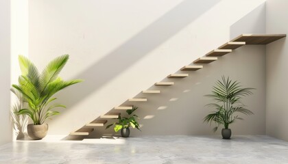 Modern wooden staircase with potted plants in a bright, minimalist interior