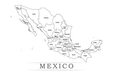 Administrative regions of MEXICO. Province, state, division name with white map with black outline. Vector illustration	