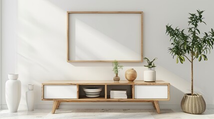 Minimalist Living Room with Wooden Cabinet and Empty Frame
