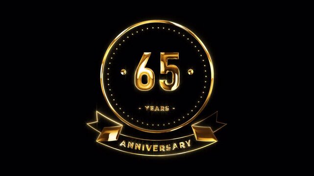 65th Anniversary Celebration. Happy 65 Years Anniversary Animation in Gold Color on the Transparent Background, Alpha Channel. Great for greetings, celebrations, events, and gifts.