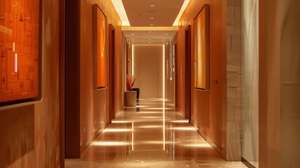 A gallery-style hallway featuring recessed lighting.