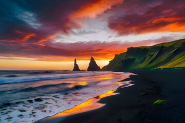 Unbelievable sunset on Reynisdrangar cliffs in Atlantic ocean. Spectacular summer scene of black...