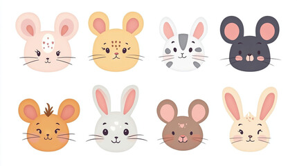 Set of cute animal faces in kawaii style