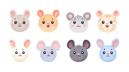 Naklejka premium Set of cute animal faces in kawaii style