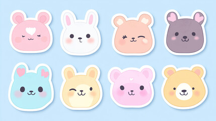 Set of cute animal faces in kawaii style