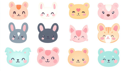 Set of cute animal faces in kawaii style