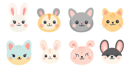 Set of cute animal faces in kawaii style