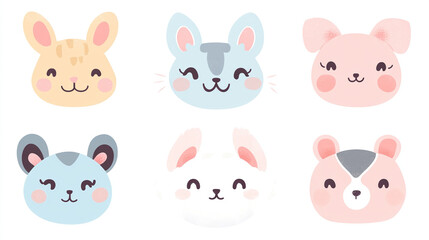 Set of cute animal faces in kawaii style