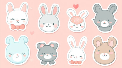 Set of cute animal faces in kawaii style