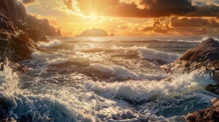 Fototapeta premium Dramatic ocean waves crashing on rocky shore at sunset with cloudy sky.