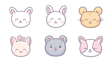 Set of cute animal faces in kawaii style