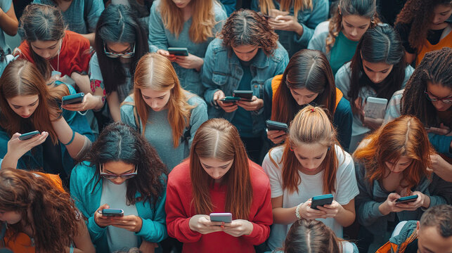 Group of youth absorbed in smartphone screens