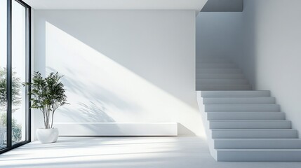 Modern Minimalist Interior with White Staircase and Plant