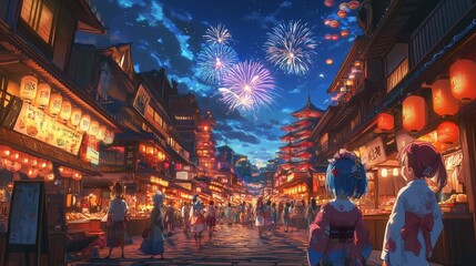 Obraz premium Festival Night in an Anime City