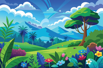 Cartoon vector design illustration of hilly forest scenery with green trees and colorful flowers and mountains with blue sky.
