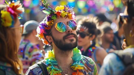 A colorful festival captures an extrovert mingling with the crowd, enjoying the festive atmosphere