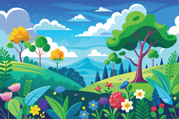 Naklejka premium Cartoon vector design illustration of hilly forest scenery with green trees and colorful flowers and mountains with blue sky.