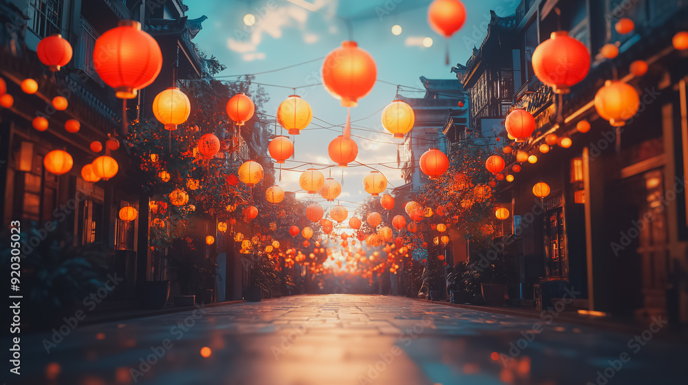 Poster a street with many red lanterns hanging from the buildings. the lanterns are lit up and create a war