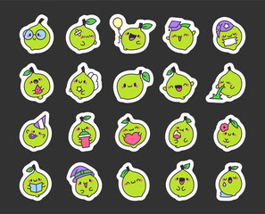 Funny kawaii lime. Sticker Bookmark. Adorable cartoon food character. Hand drawn style. Vector drawing. Collection of design elements.