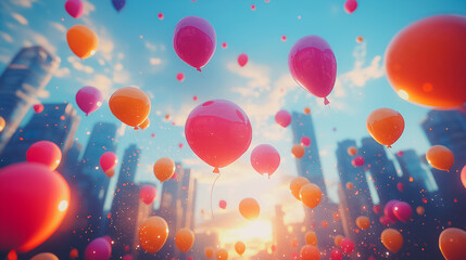 Fototapeta premium A bunch of balloons are floating in the sky above a city. The balloons are of different colors, including red, orange, and pink. Concept of celebration and joy