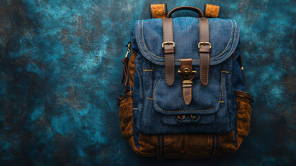 Stylish blue backpack with leather accents, perfect for travel or daily use, resting against a textured blue backdrop.