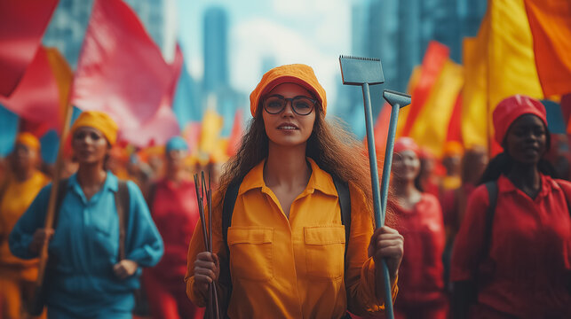 International Workers' Day celebration, diverse group of workers in vibrant outfits, holding tools and banners, energetic parade, city skyline in background, unity and pride theme - Powered by Adobe