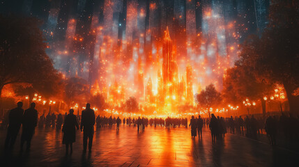 A group of people are walking down a street in front of a large building. The sky is filled with bright lights and the people are wearing dark clothing. Scene is mysterious and eerie