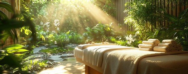 Tranquil spa scene with a massage table in a garden setting bathed in golden sunlight, ideal for wellness and relaxation