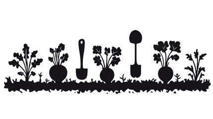 A silhouette of plants and gardening tools, representing gardening and cultivation.