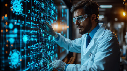 A scientist in a lab coat analyzes digital data on a futuristic display, showcasing technology and innovation in research.