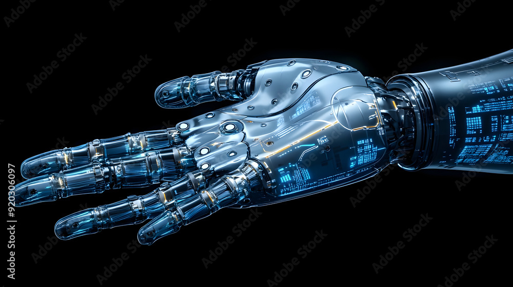 Poster futuristic robotic hand displaying advanced technology and design.