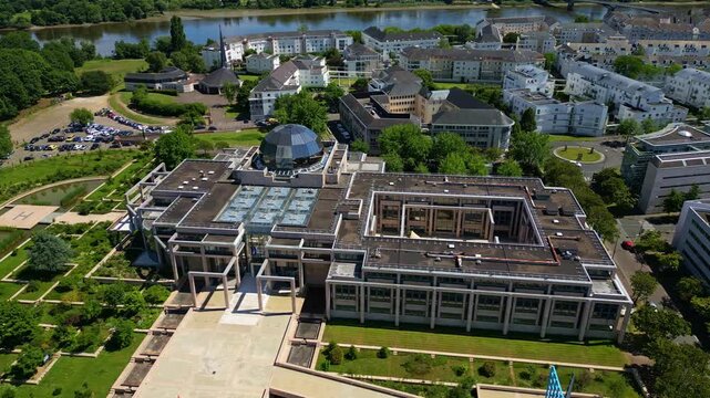 Panning aerial movement about the Pays de la Loire regional hotel, Nantes, France.
