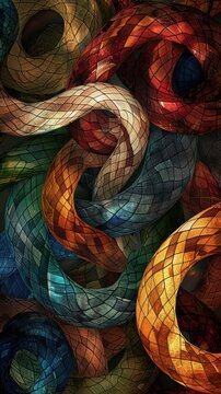 Intricate woven patterns create a vibrant abstract design with a mix of colors and textures