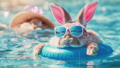Rabbit relaxing on a float in a pool on a sunny day