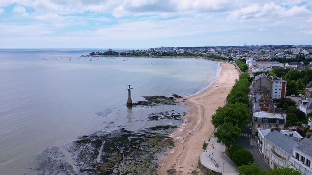 Le Sammy, the American monument on the beach, Saint-Nazaire, France. Aerial drone sideways