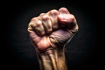 A fist is raised in the air with the thumb pointing up