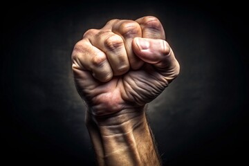 A fist is raised in the air with the thumb pointing up