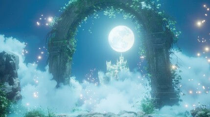 Mystical stone archway with a glowing castle in the distance, under a full moon and ethereal sky with glowing dust particles.
