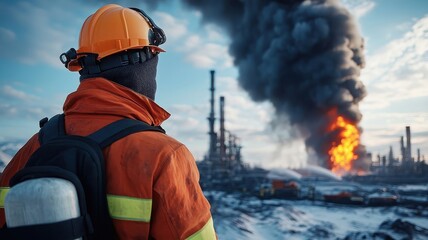 Obraz premium Factory engulfed in flames with firefighters battling the blaze.