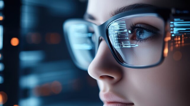 Advanced digital interface scanning a female's eyes with floating elements and technology against a sleek cityscape. - Powered by Adobe