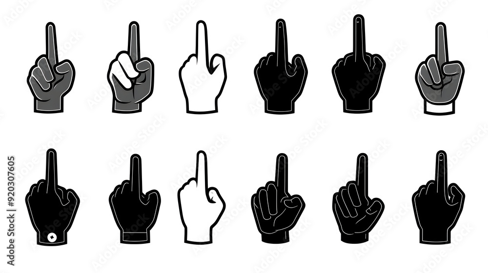 Poster a series of hands showing a raised middle finger in various styles and colors.
