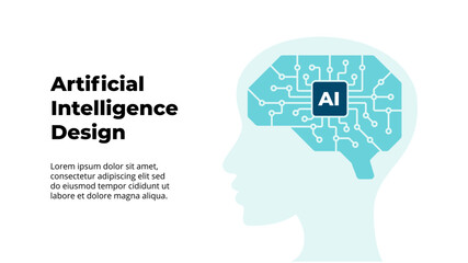 Artificial Intelligence. Neural Network. Big Data. Digital Knowledge. Deep machine learning. Presentation Template. Human Brain. AI Technology Illustration. Chip and Neurons. Graphic Design. 