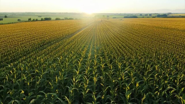 camera flying slow over rows of tops of green leaves stems maize cornfield and farm with cattle barn and feed hangars