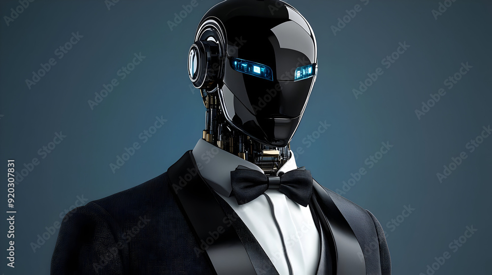 Poster a futuristic robot in a tuxedo, blending elegance with technology.