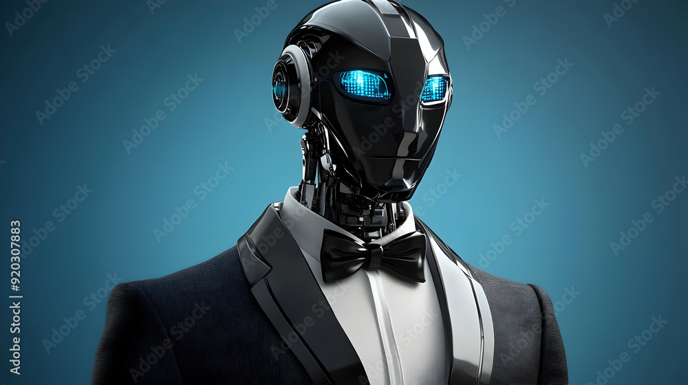 Poster a futuristic robot in a tuxedo, showcasing advanced technology and design.