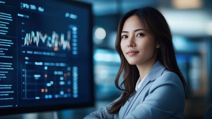 Fototapeta premium Asian female executive in chic business outfit, leading team meeting in contemporary boardroom with presentation screen behind.
