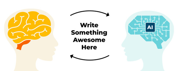 Artificial intelligence and people cooperation. Human and AI brain. Collaboration Infographic Template. Chip micro scheme design. Circle arrows. Neural Network. Computer Language. Deep learning. 